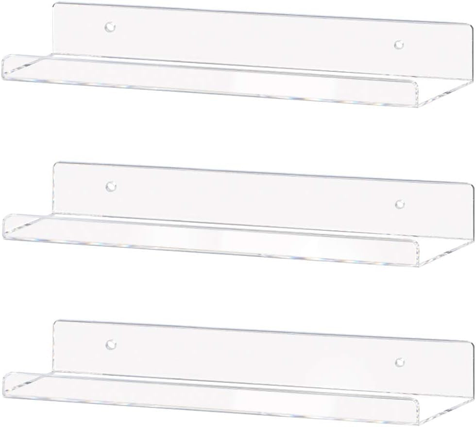 Clear Acrylic Shelf 15" Invisible Floating Wall Ledge Bookshelf, Kids Book Display Shelves Wall Mounted (15 Inch 3Pack)