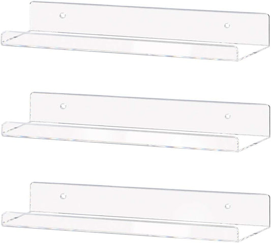 Clear Acrylic Shelf 15" Invisible Floating Wall Ledge Bookshelf, Kids Book Display Shelves Wall Mounted (15 Inch 3Pack)