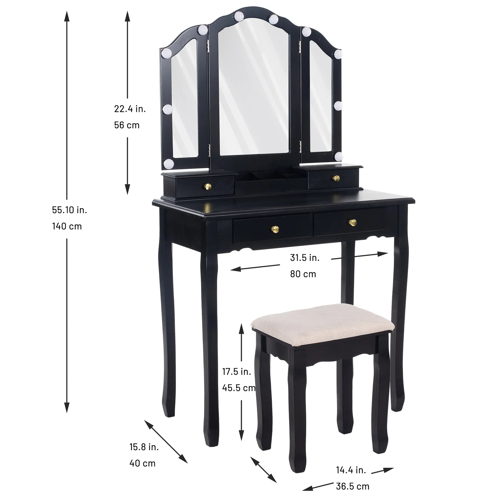 Vanity , Tri-Fold Makeup Vanity with Mirror, Lights and Padded Vanity Stool, Bedroom Solid Wooden Vanity Set, 5 Drawers, 2 Brush Slots and 2 Open Compartments, White Finish