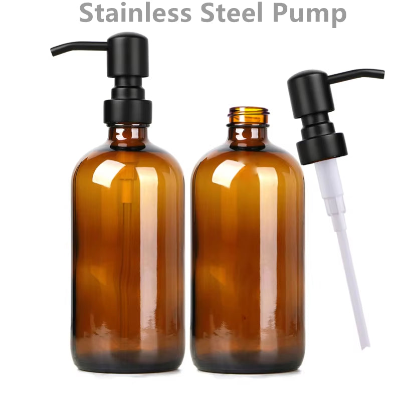 Amber Glass Soap Dispenser, Kitchen Bathroom Hand Dish Soap Dispenser Set with Rustproof Stainless Steel Pump, 2Pcs, 16 Oz 500Ml